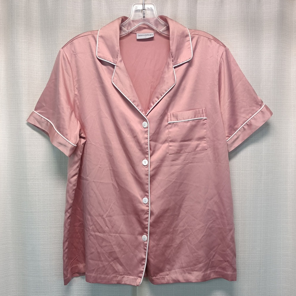 Serenedelicacy Pink Satin Pajama Lounge Set Short Sleeve Button Down Shorts S